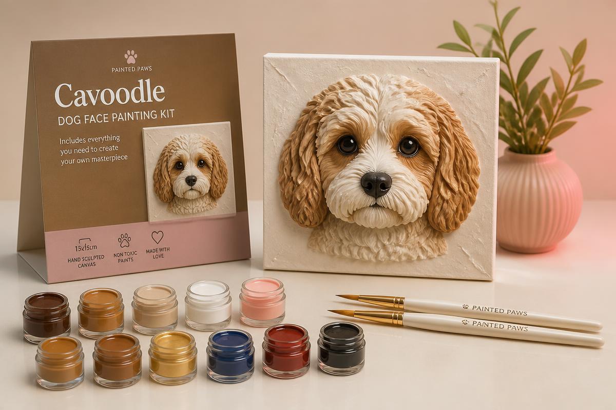 Preview of the upcoming dog kit: a sculpted cavoodle face canvas with paint pots and brushes