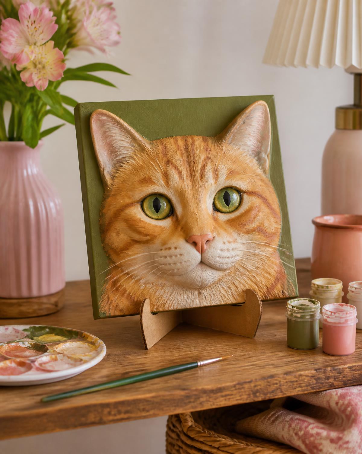 A finished hand-painted ginger cat face canvas displayed on its cardboard stand